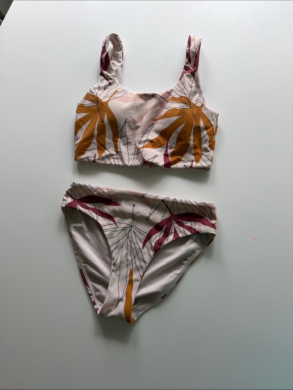 Senita Athletics Cream Bikini Set with Mustard & Burgundy Leaf Print